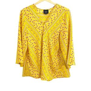 W5 Yellow Black White & Purple Floral Print Wrap Front Blouse, Size XL